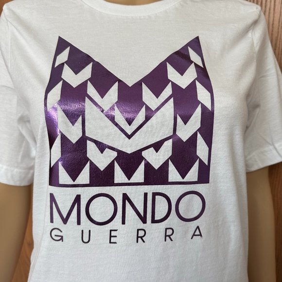 Women Mondo Guerra White T shirt with Purple Foil design, Size S - Never used - Picture 3 of 4
